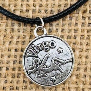 Virgo Zodiac Necklace – Silvertone Astrology Pendant on Black Leather Cord GIFT